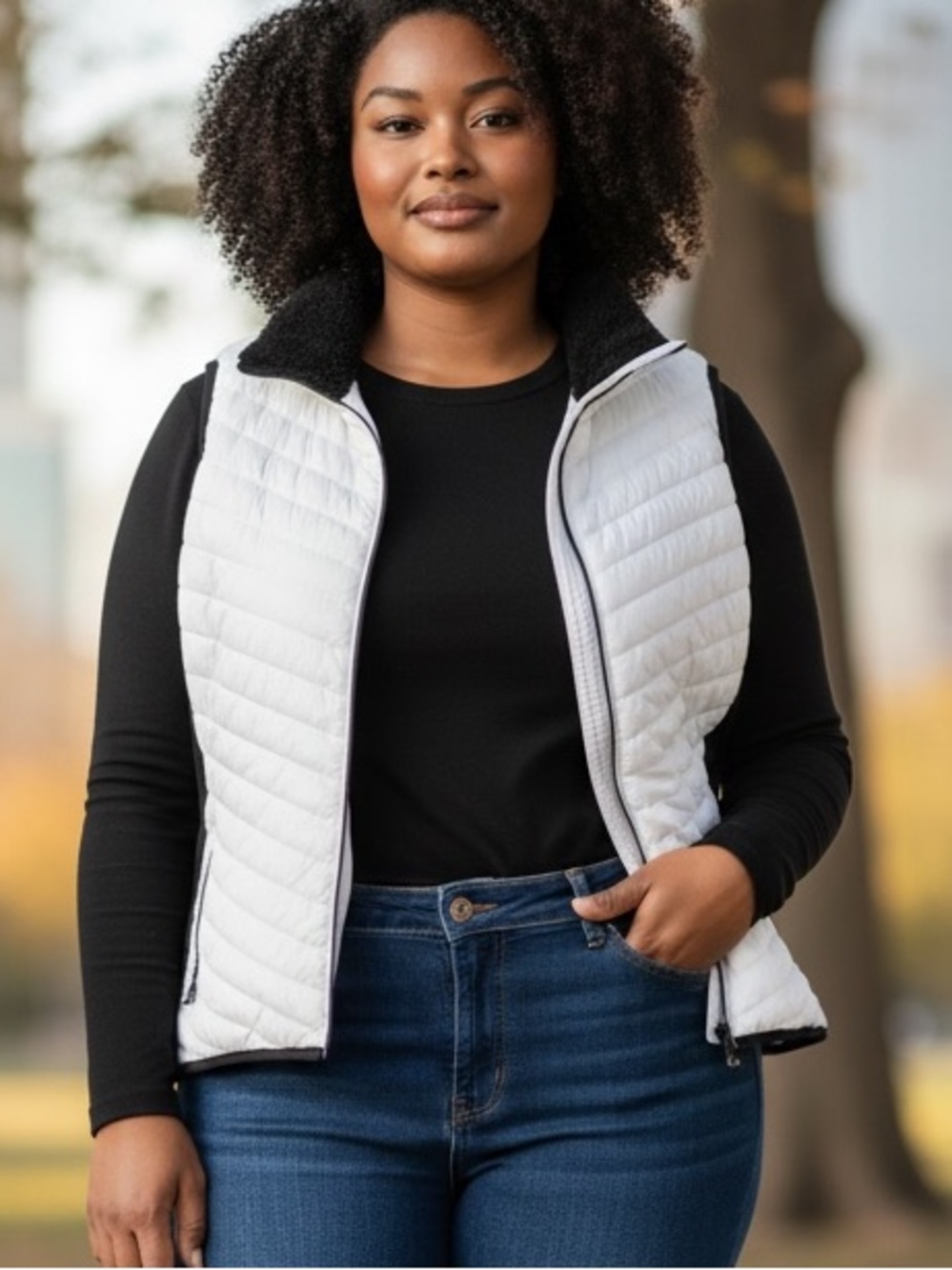 Calvin Klein Performance White Quilted Vest with Black Sherpa Collar